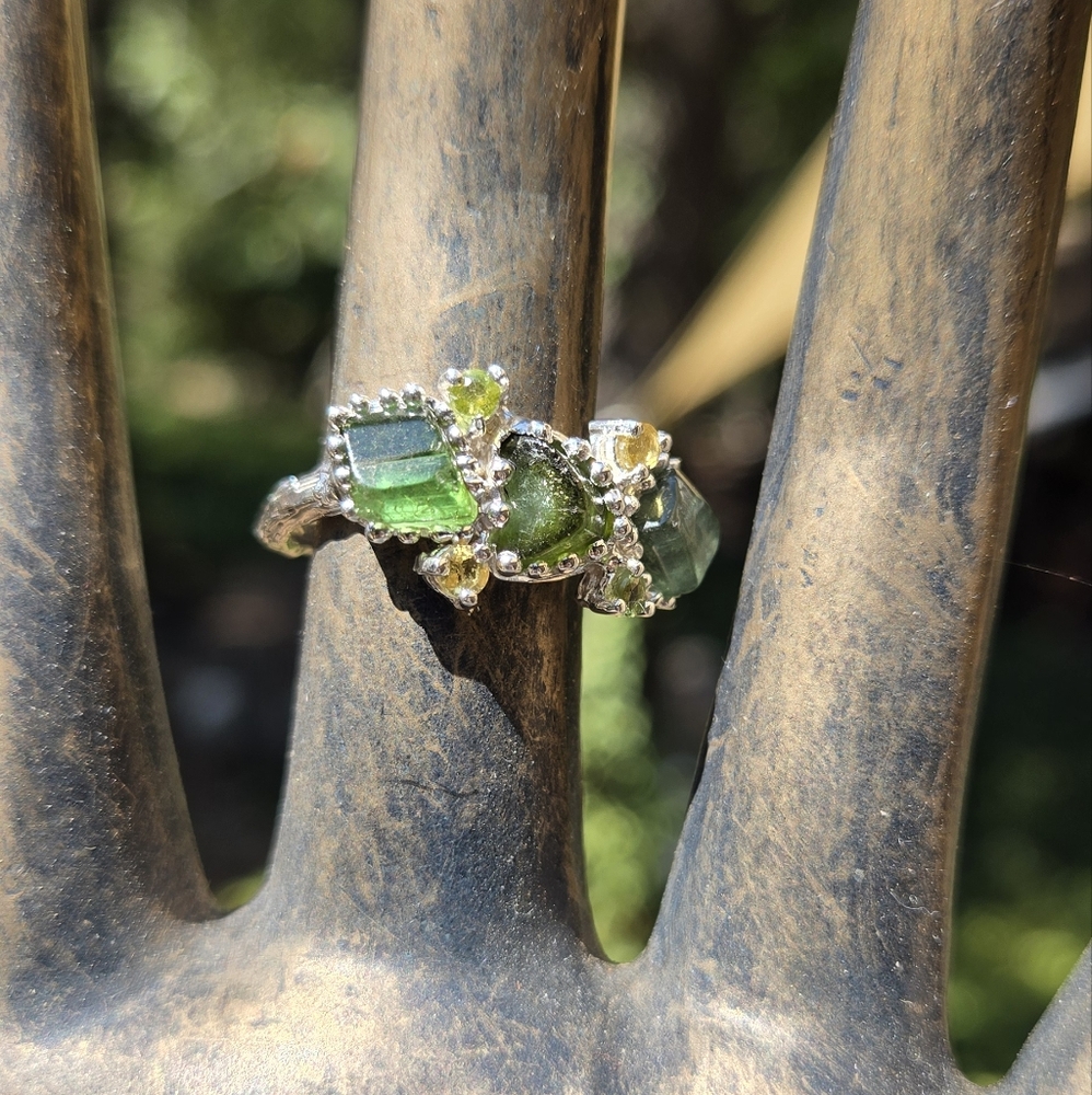 Tourmaline Natural Citrine & Peridot Sterling & White Gold Ring Sz7.5 - Picture 6 of 8
